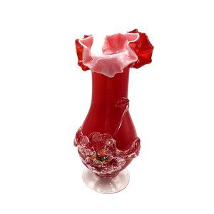 Old STEVENS & WILLIAMS Red Cased Hand Blown Applied Flower Art Glass VASE